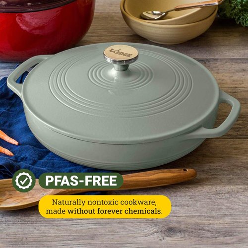Lodge Essential Enamel Braiser - Induction-Safe & PFAS-Free Cookware - 3.5 Quart, Desert Sage