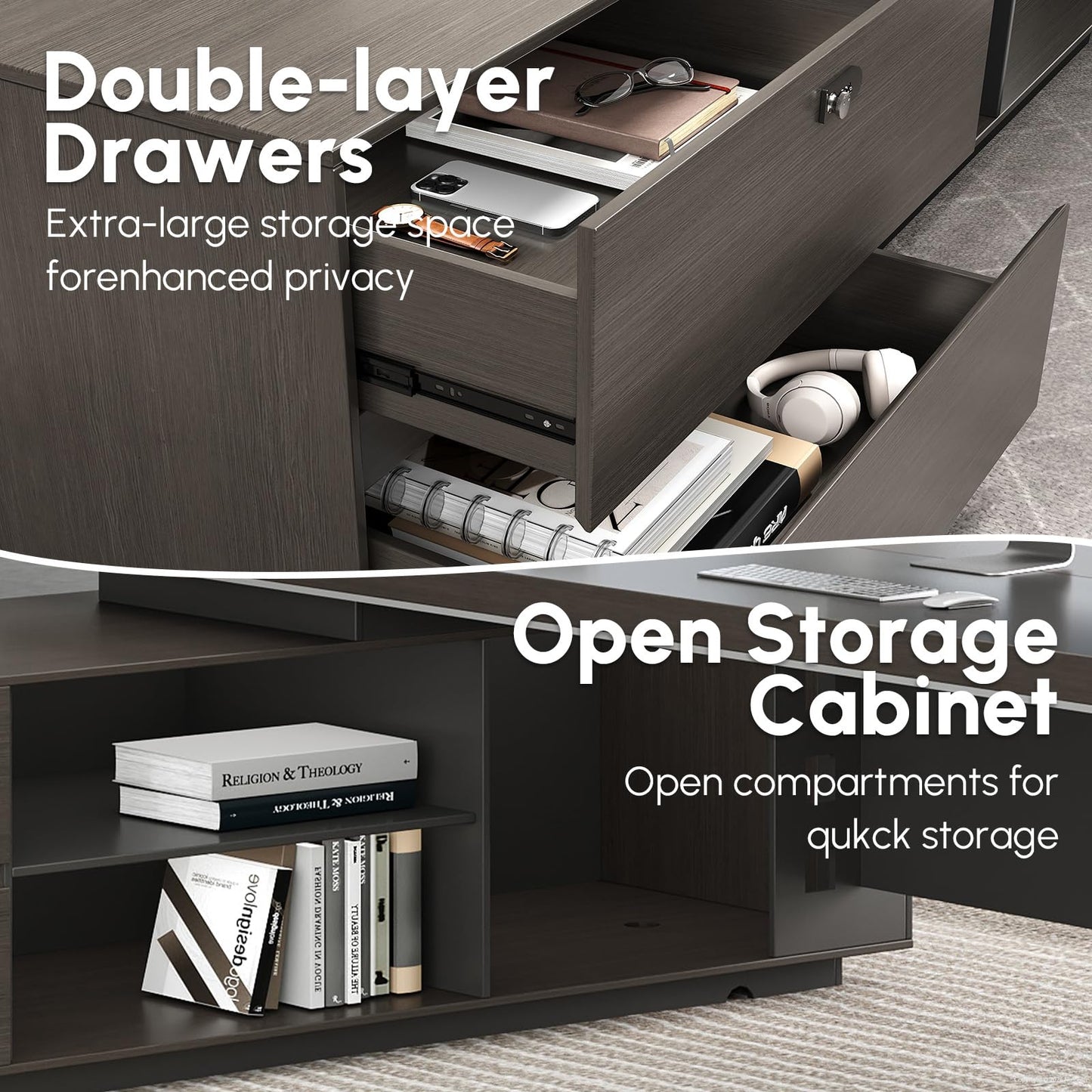 Nuipesn 79-Inch Reversible L-Shaped Executive Desk with Drawers, Open Shelves, Power Outlet & USB Ports, Ventilated CPU Compartment, Large Home Office Desk, Obsidian Grey & Walnut, 79"L x 65"W x 30"H