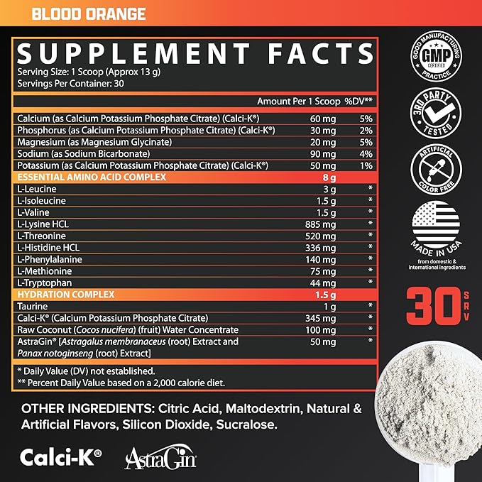 Nutrex Research EAA Hydration | EAAs + BCAAs Powder | Muscle Recovery, Strength, Muscle Building, Endurance | 8G Essential Amino Acids + Electrolytes | Blood Orange Flavor 30 Serving