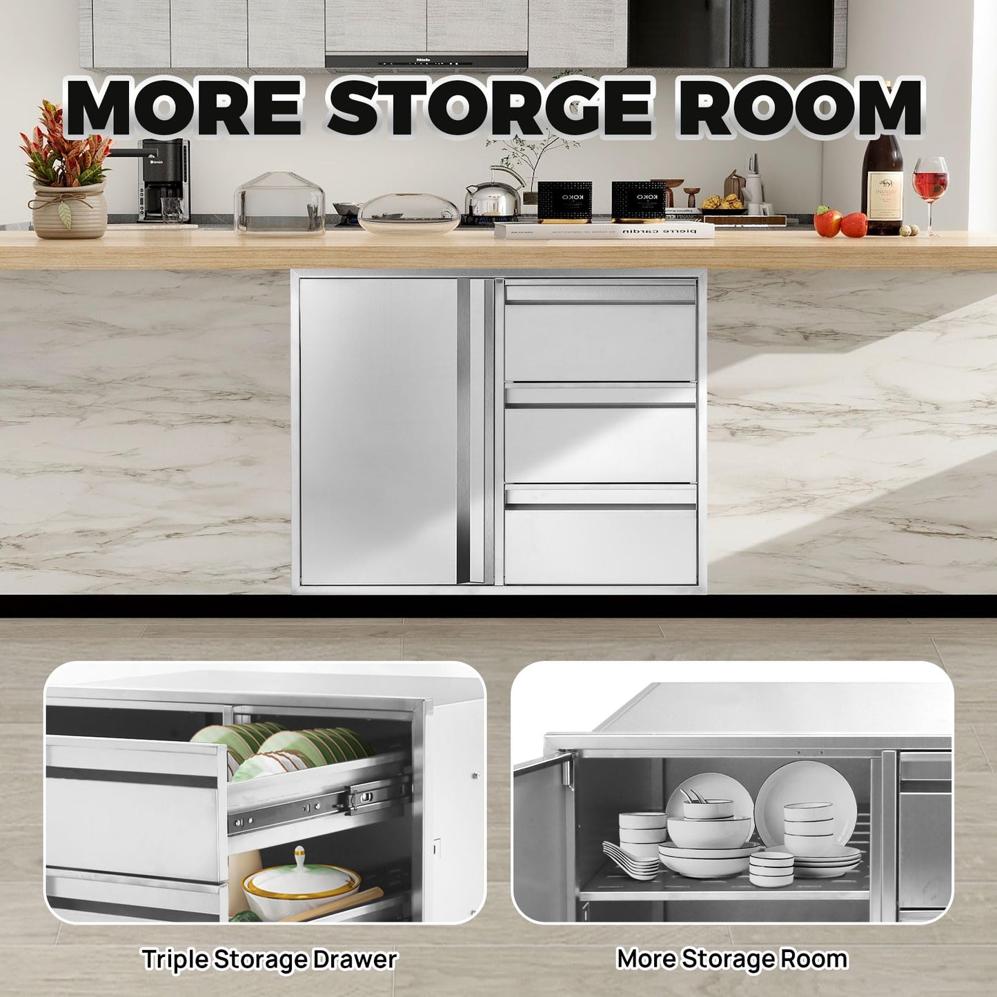 POPMOON 304 Stainless Steel Outdoor Kitchen Drawer Combo-28''W x 22''H x 19.5''D, Triple Storage Drawers & Access Door, Brushed Finish for BBQ Island