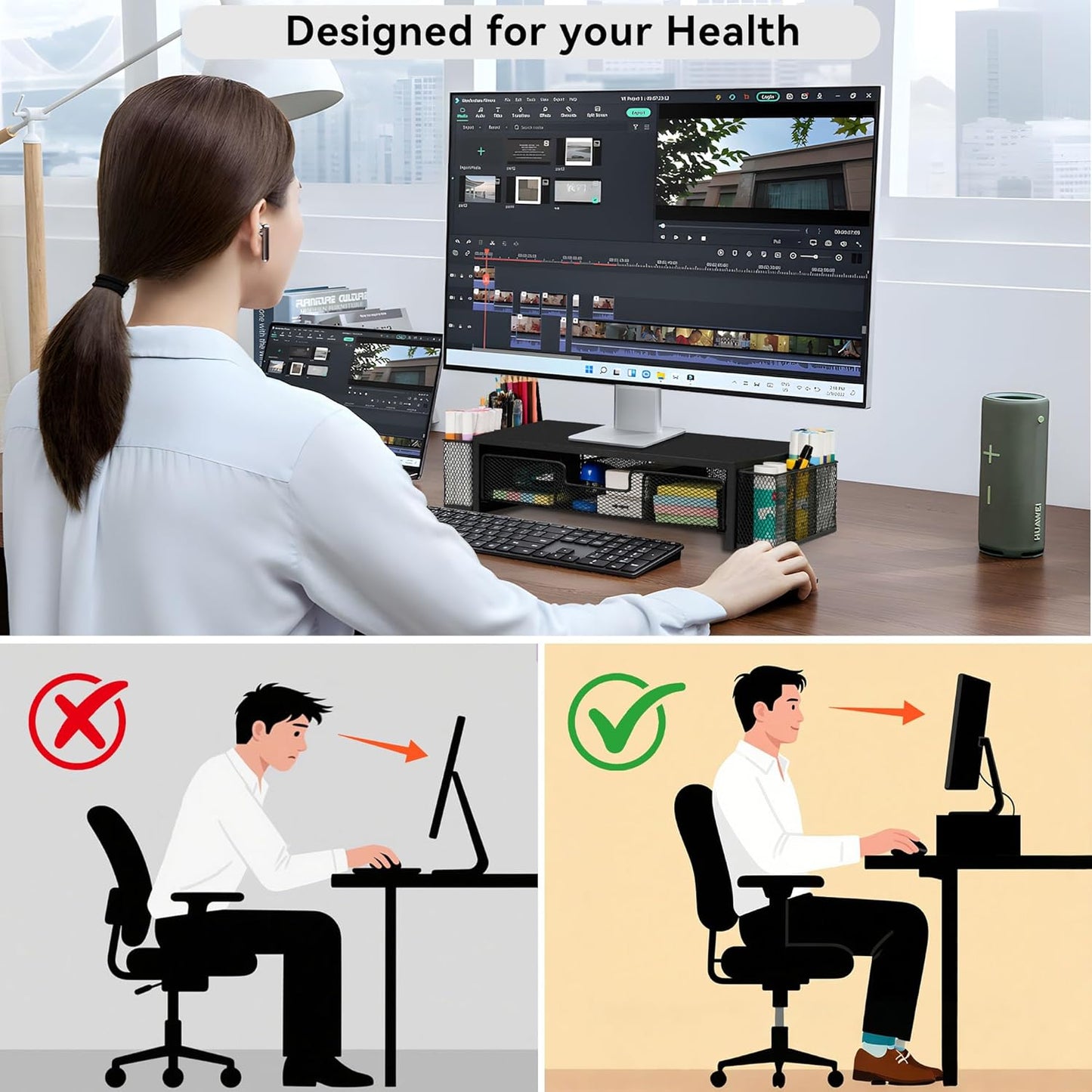 Qupui Computer Monitor Stand Riser with Drawer and Pen Holders, Desk Organizer Shelf and Accessories, Office Desk