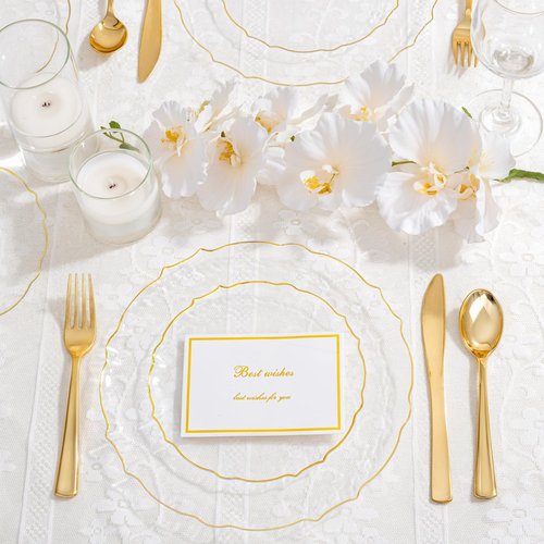 bUCLA 40PCS Clear and Gold Plastic Plates - Fancy Lace-Edge Clear Plates with Gold Trim Hammered Disposable - Include 20 Each(Dinner&Dessert) for Party & Wedding