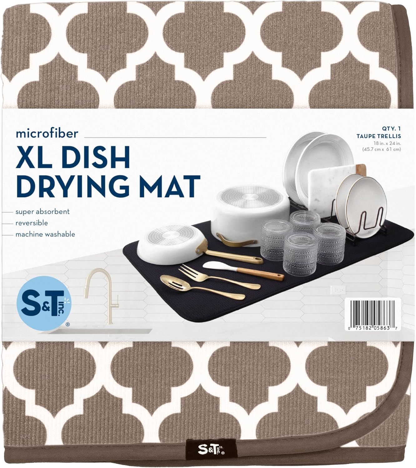 S&T INC. XL Dish Drying Mat - Absorbent Microfiber Kitchen Counter Pad, 18” x 24”, Taupe Trellis