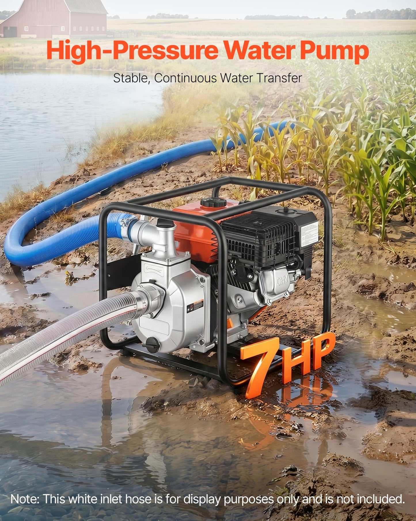 VEVOR Gas Powered Water Pump, 2 in, 158 GPM 7HP Semi Trash Water Transfer Pump Portable, Gasoline Engine with 25 ft Discharge Hose, Heavy Duty Frame, Cast Iron Impeller, for Irrigation, Ponds, Pools