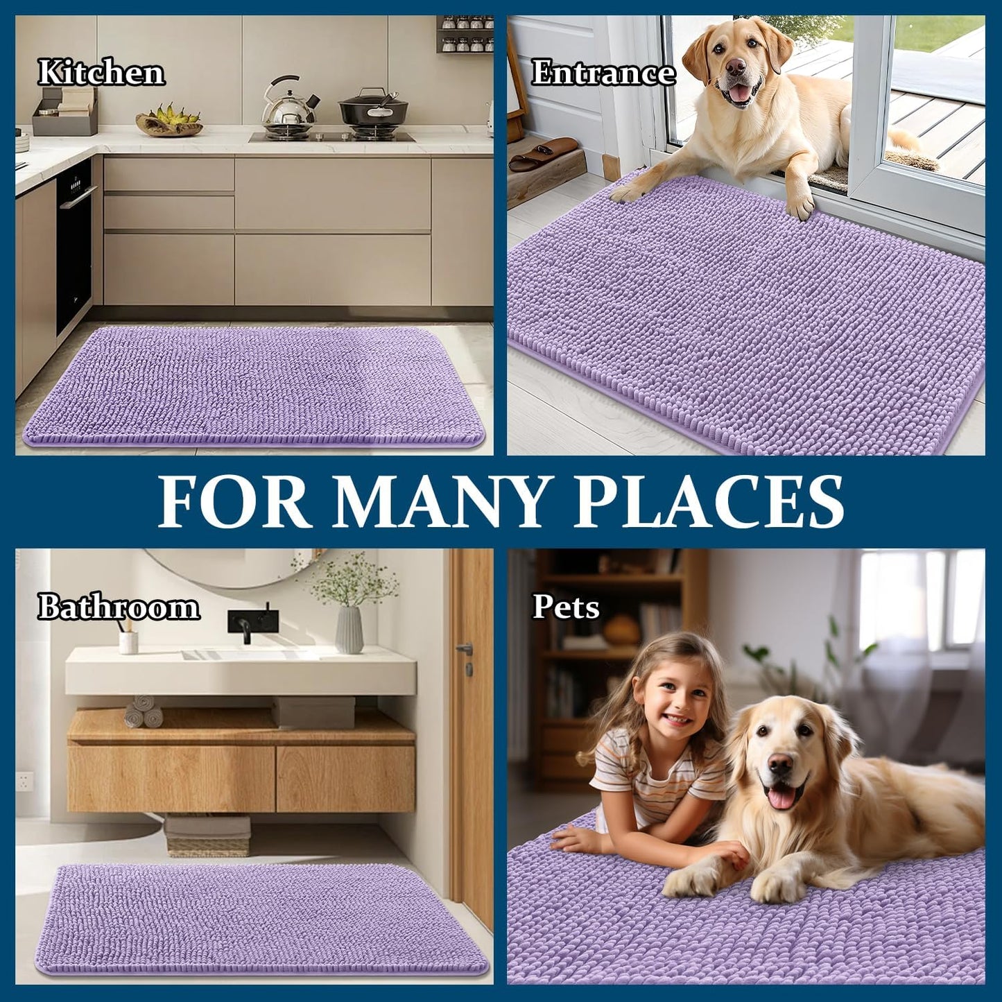 OLANLY Dog Door Mat - Absorbent Non-Slip Washable Chenille Mat for Muddy Paws | 48x30, Lavender