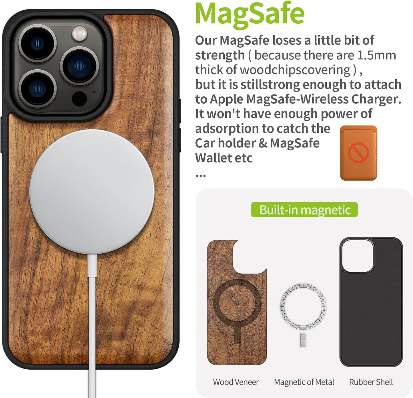 Carveit 14 Magnetic Wood Case for iPhone Pro - Natural Wood & Black Soft TPU - Shockproof Protective Cover - Unique
