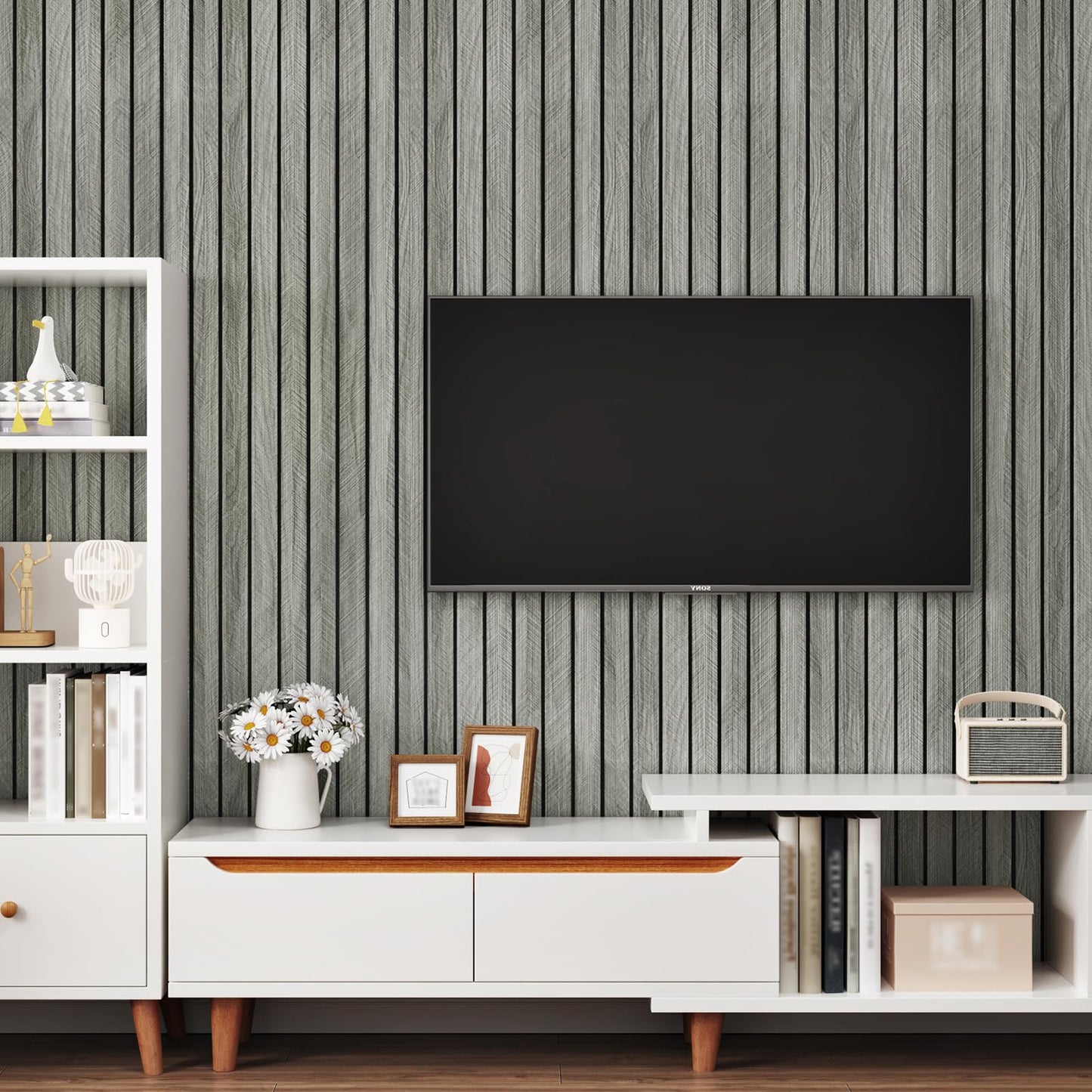 STICKEEP Grey Wood Wall Slat Panels Peel and Stick 3D Fluted Wood Panels for Interior Wall Decor 118" x 11.8" Self Adhesive Acoustic Wooden Paneling for Bedroom Living Room TV Background Kitchen