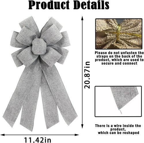 Grey Burlap Wreath Bow - 20 x 11 Inches | Perfect for Easter, Birthdays & Holiday Decor