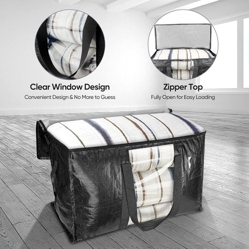 BALEINE Oversized Moving Bags - Heavy-Duty Storage Totes with Reinforced Handles | Black w/Window, 2-Pack