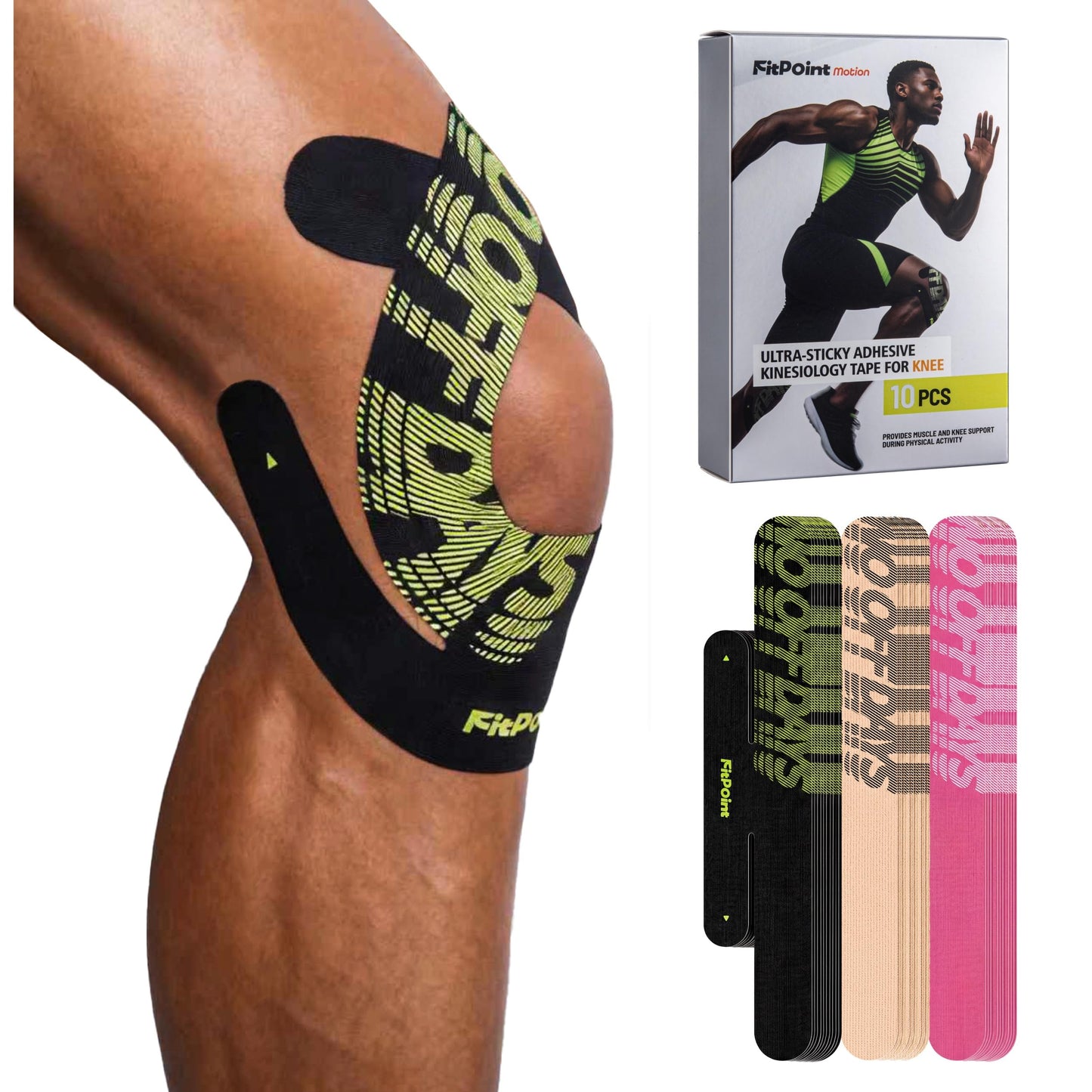 Kinesiology Tape for Knees 10 Pcs Ultra-Sticky Patella Knee Tape for Knee Pain Relief & Knee Stability Pre Cut Synthetic Kinetic Tape for Knee Support Waterproof Latex-Free Jet Black