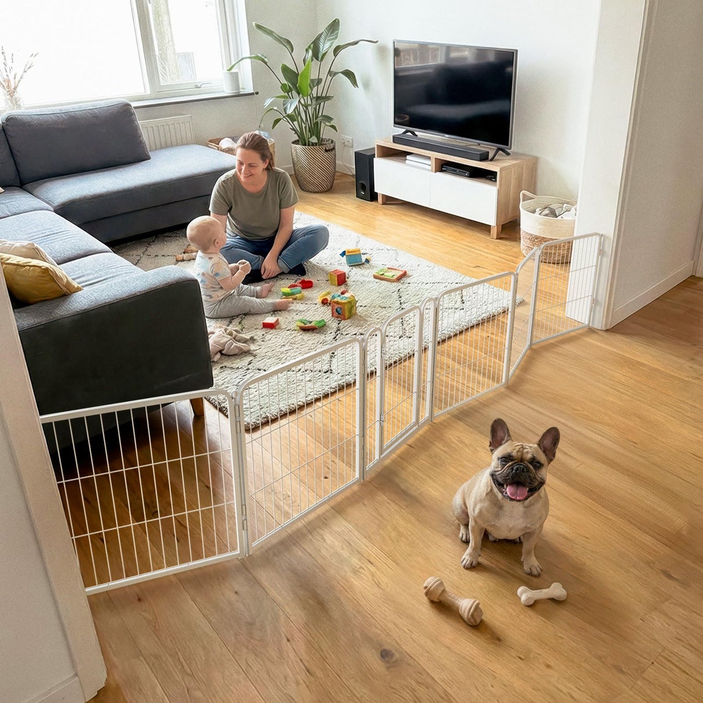 FXW Dog Gate Extra Wide Designed for Indoor Use, Adjustable Width Up to 137-inch Wide (24" H 6 Wire Panels for Puppies and Small Dogs), White