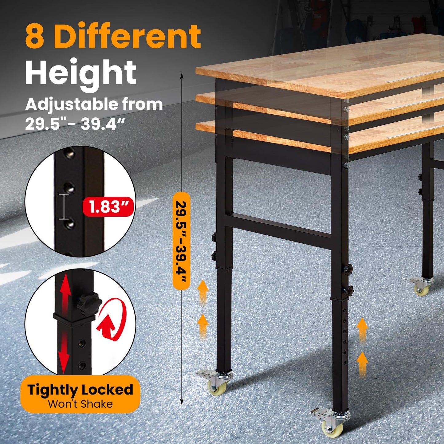 48" Adjustable Workbench, 8-Level Height Adjustable Rolling Work Table with Casters & Scale, Sit & Stand 2-in-1 Garage Tool Table with Pegboard & Hooks, for Workshop, Warehouse, DIY Projects