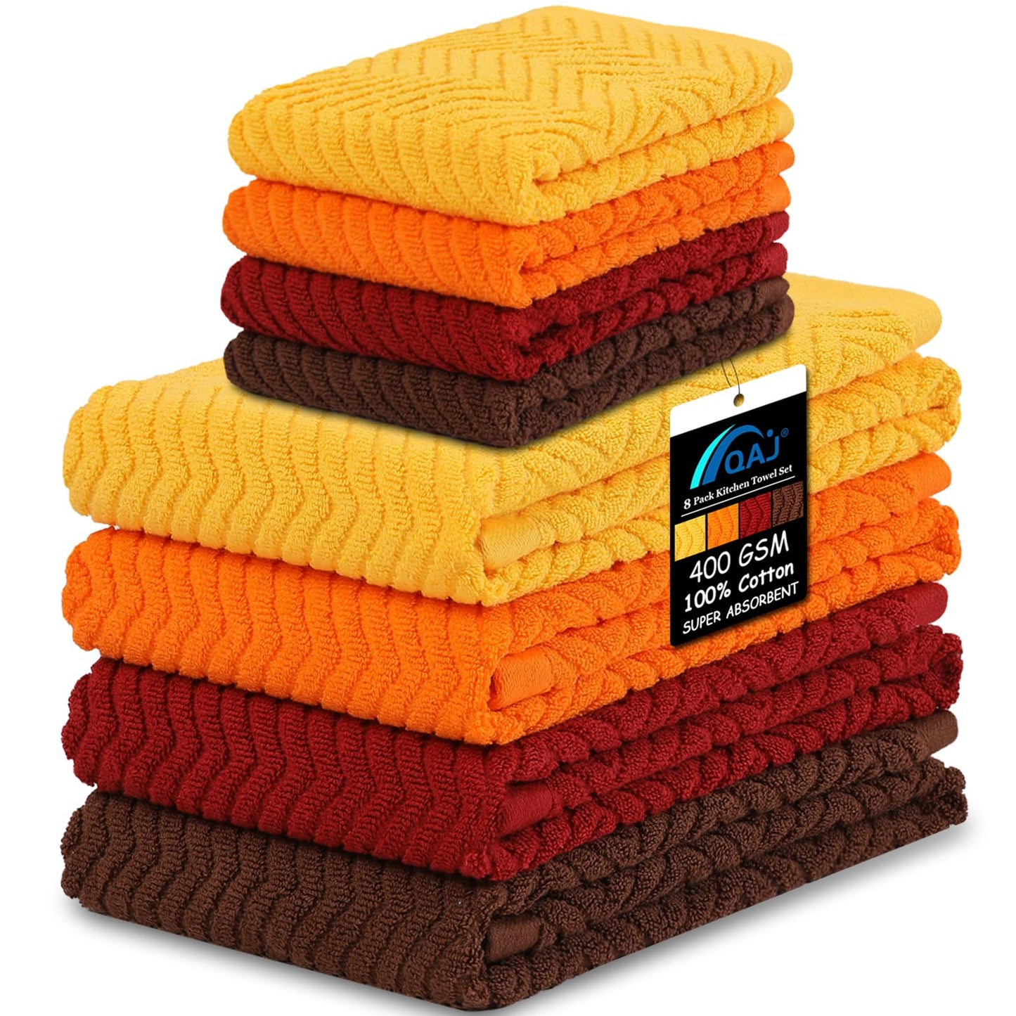 QAJ 100% Cotton Kitchen Towels and Dishcloths Set, Pack of 8 Super Absorbent 16" x 25" Kitchen Towels and 13" x 13" Dish Cloths (400 GSM)