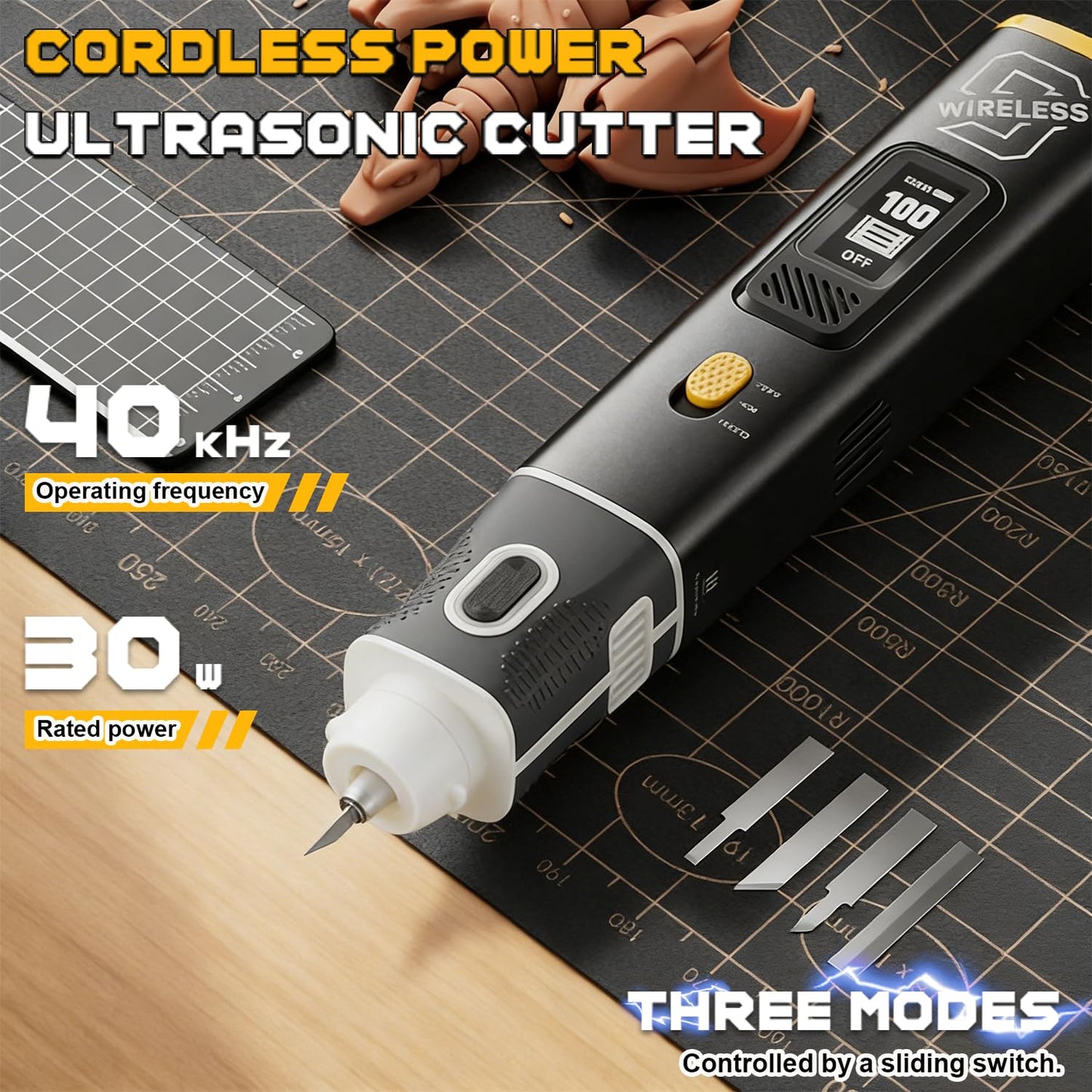 Wireless Ultrasonic Cutter, 40kHz Vibration & 2 Cutting Modes, Includes 50 Replacement Blades & Display Case, Multifunctional Sonic Knife For 3D Printing, Woodworking, Model Mods, Prototyping & DIY