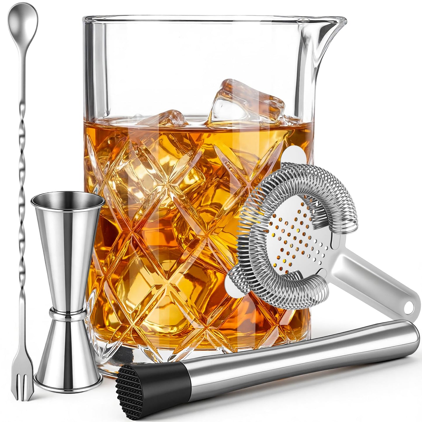 Zhehao 5 Pieces Cocktail Mixing Glass Set, Bar Cocktail Mixing Kits for Bartender 23oz Crystal Thick Bottom Glass with Muddler, Jigger, Strainer and Spoon Gifts for Men Amateurs Home & Party Supplies