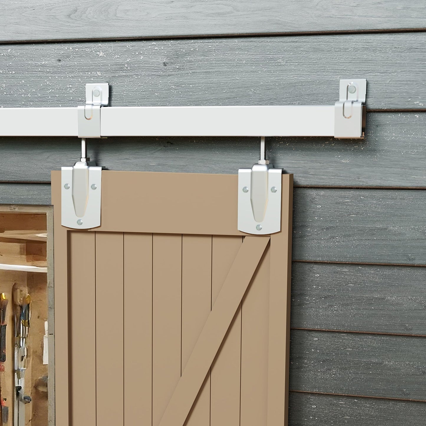 JUBEST 16FT Box Rail Exterior Barn Door Hardware Kit, Heavy Duty Sliding Door Track Kit Wall Mount Door Hardware Kit for Two Doors System(Doors Not Included), Silver