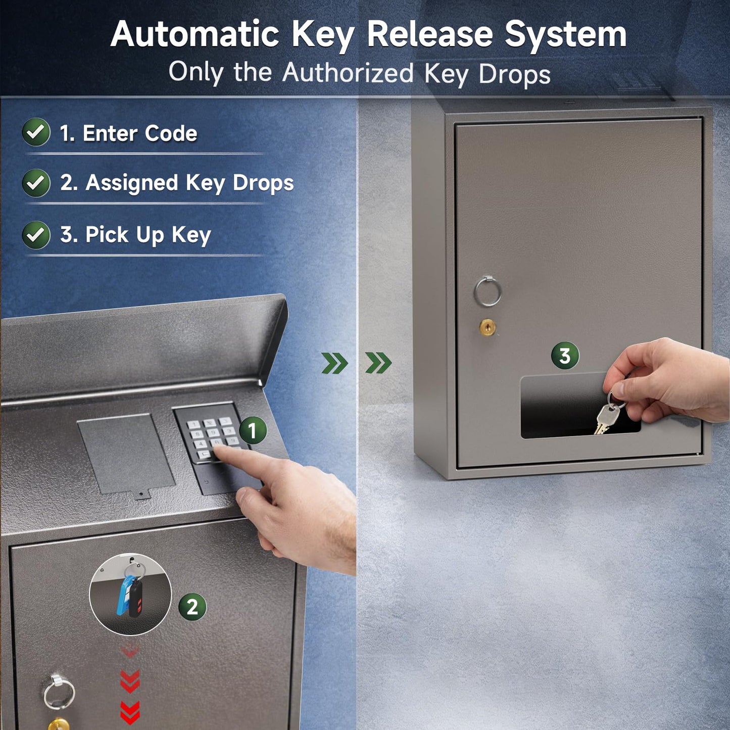 WeHere 10-Key Key Lock Box with Self-Service Key Dispenser - Aotumatic Drop Key, Key Management System, Remote Sharing Access Code, Secure Key Cabinet for Airbnb, Hotel, Property Managers & Car Rental