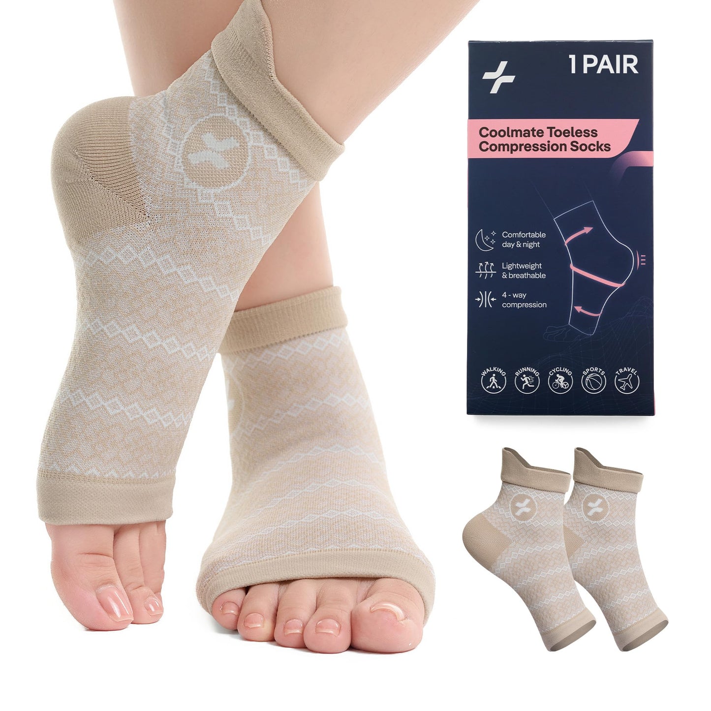 CoolMate Ankle Support Compression Socks for Women and Men, Toeless Arch Support Sleeve for Running, Walking, Workout (US, Alpha, Small, Medium, Regular, Regular, Nude)