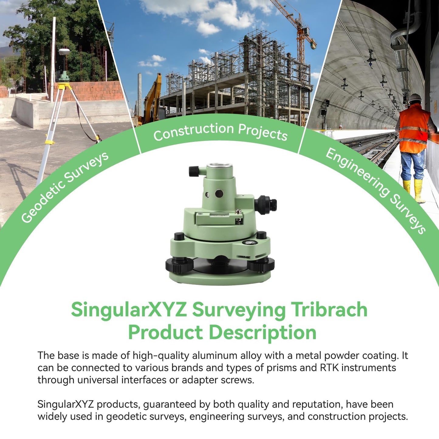 Surveying Tribrach and Adapter, Green Three-Jaw RTK Base with Optical Plummet, 5/8″ Thread for GNSS GPS RTK & Total Station Prism Optical Targeting Base