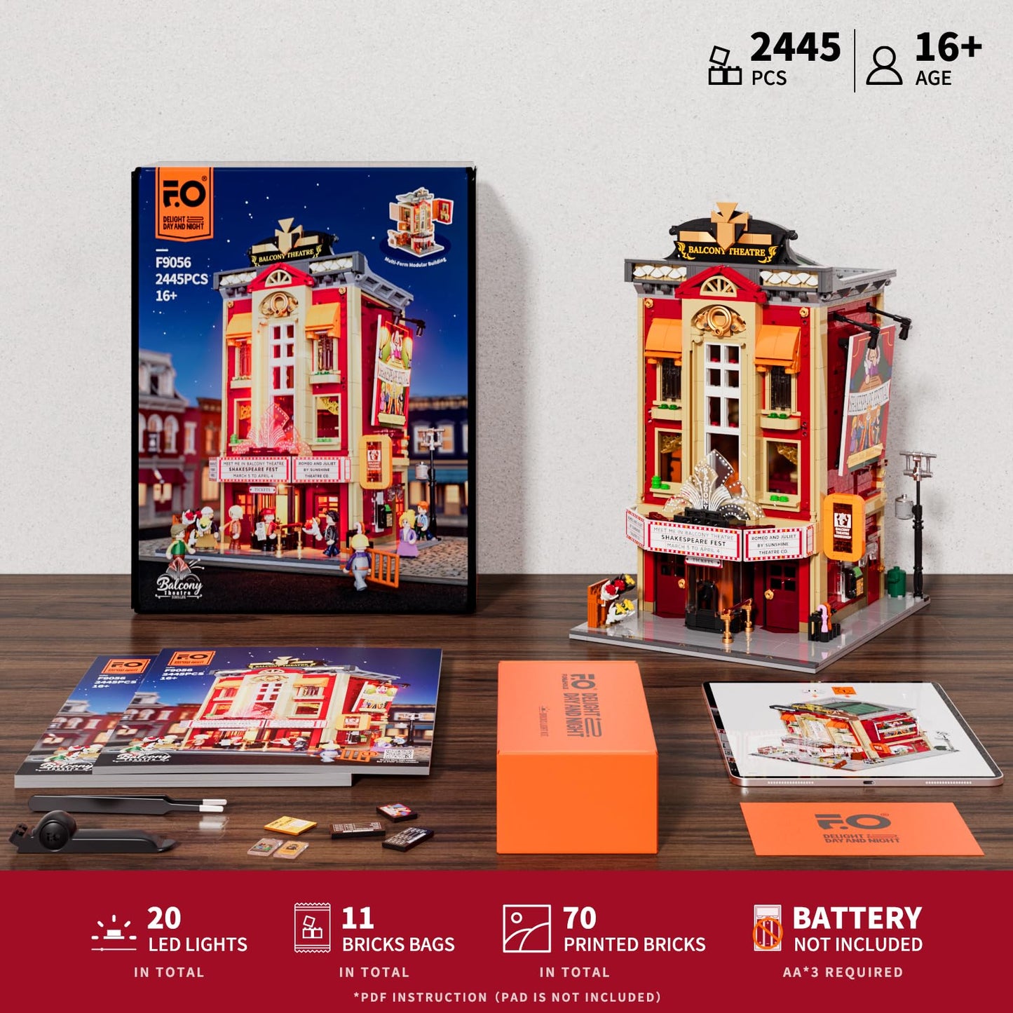 FUNWHOLE Balcony-Theatre Lighting Building-Bricks Set - City Town Creator House with LED Light Multi-Form Modular Collectible Display Kit 2445 Pcs for Adults and Movie Lovers