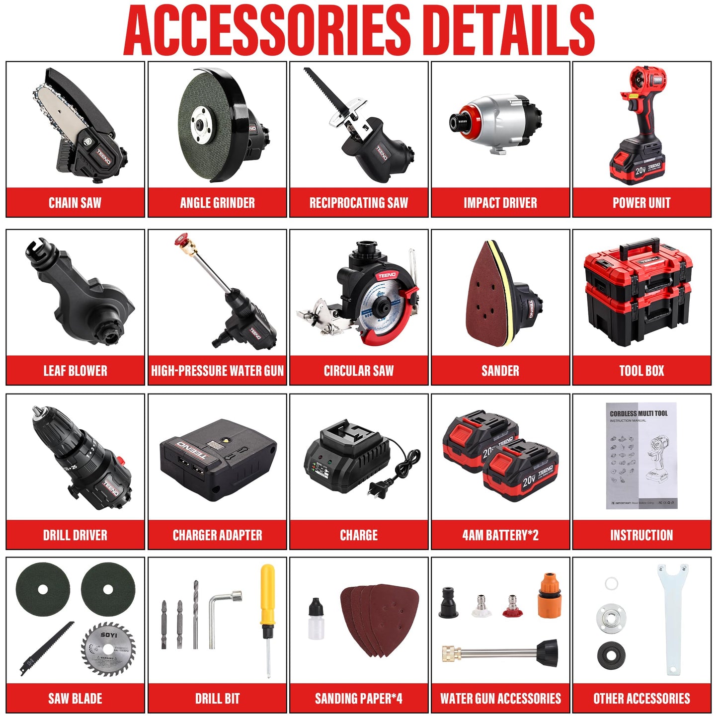 TEENO 20V MAX Brushless Power Tool Combo Kit, 9-in-1 Cordless Interchangeable Multi-Tool Set (Drill, Impact, Grinder, Sander, Circular, Chain & Reciprocating Saws, Blower, Washer), 2x 4.0Ah Batteries