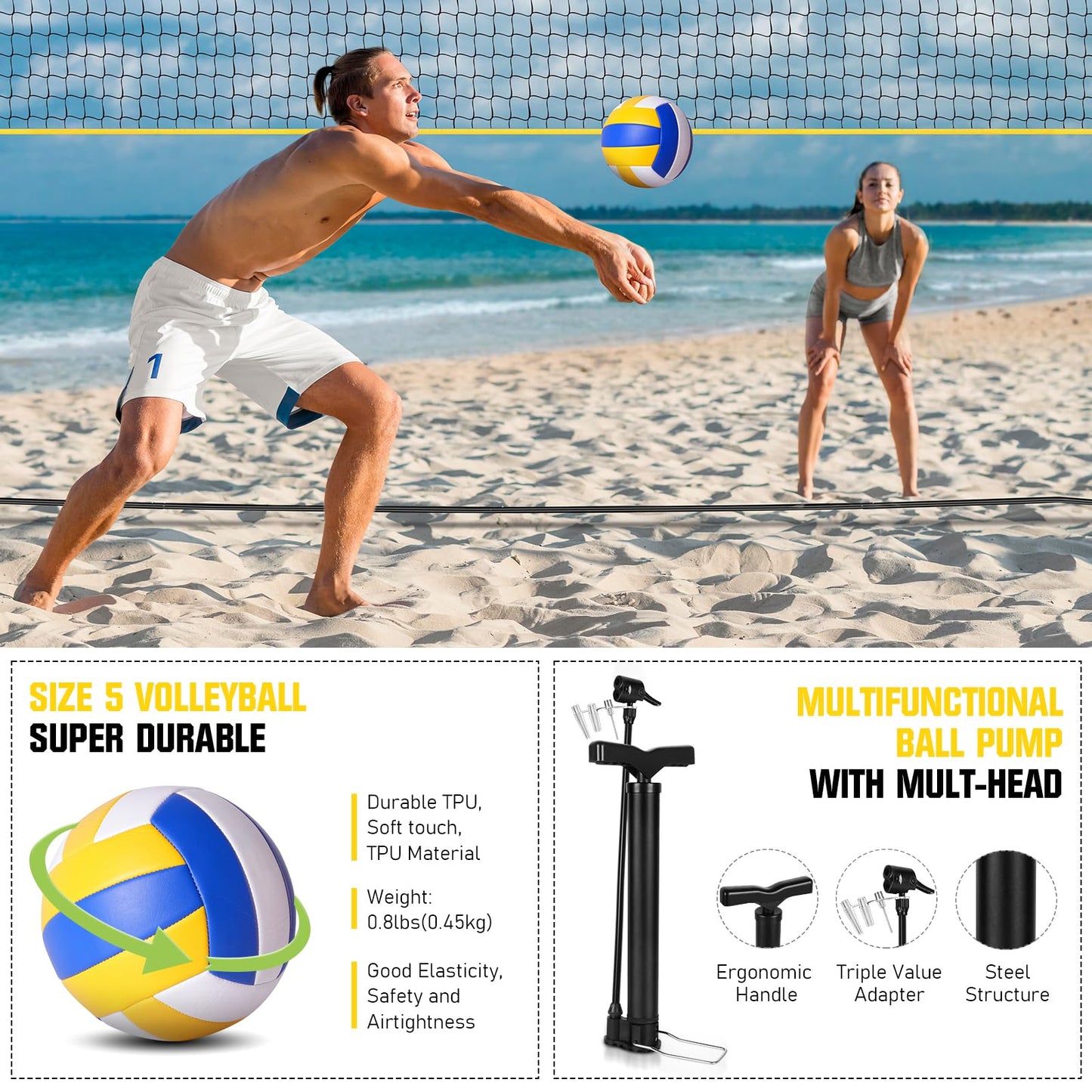 Freestanding Volleyball Net Set for Backyard - 12FT Portable Outdoor Volleyball Net Training Equipment with Soft Volleyball, Pump, Boundary Mark and Carry Bag for Park, Beach Games, Volleyball Sports