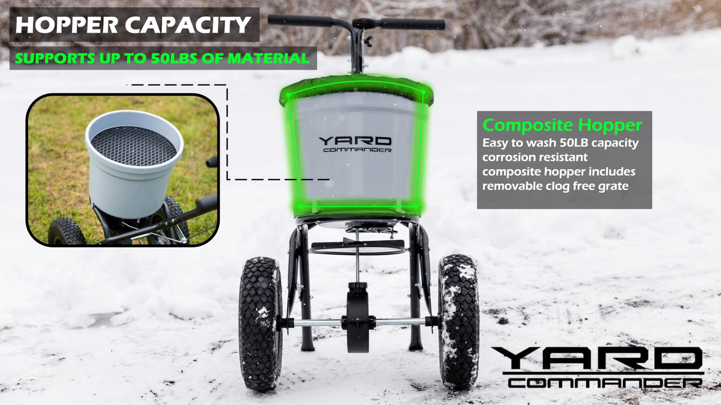 Yard Commander - Commercial 50 LB Walk-Behind Push Broadcast Spreader - 10-12 Foot Spread - Fertilizer, Ice Melt & Grass Seed - Clog Free Design - Fully Enclosed Gear Box - Adjustable Drop Rate