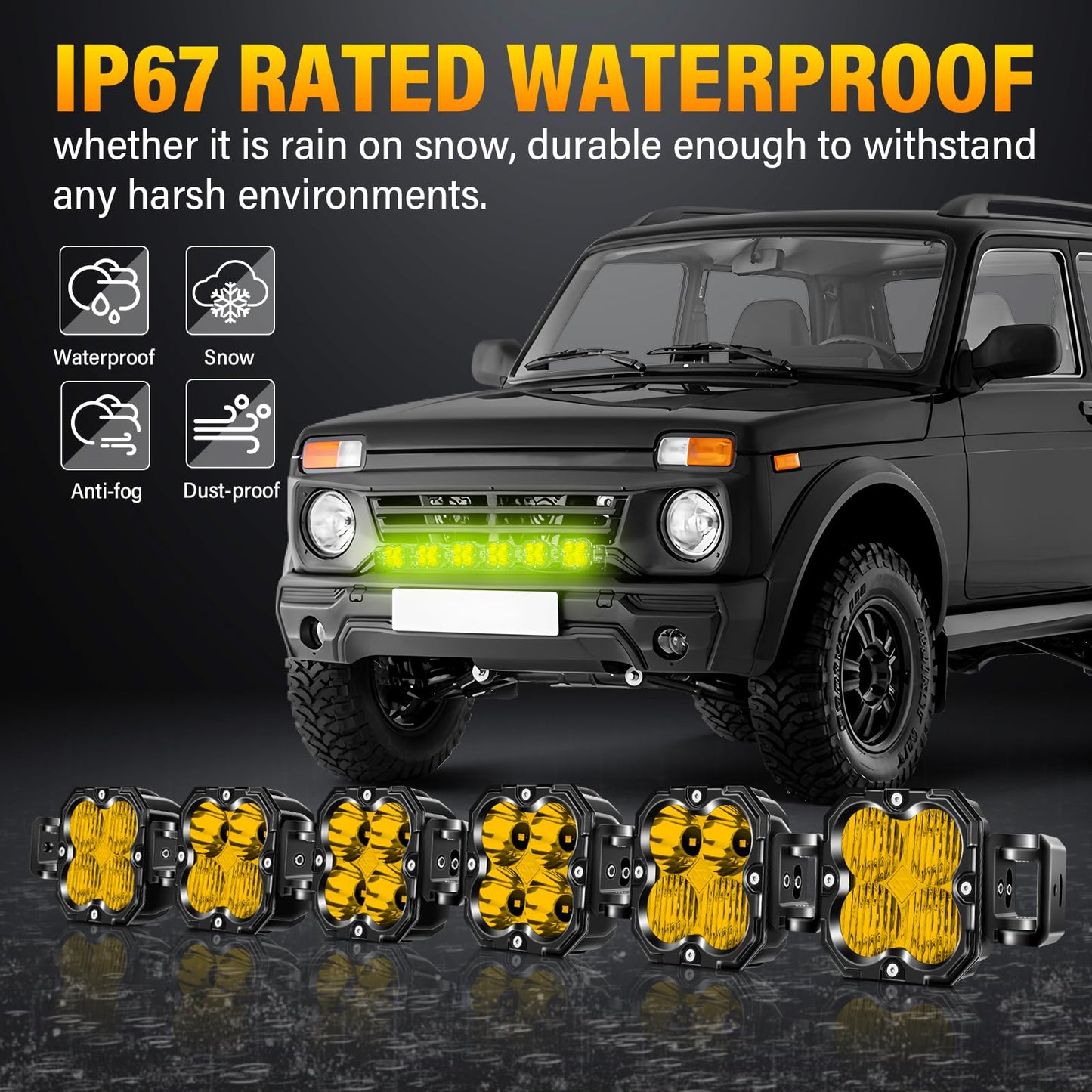 SKYWORLD 6 Pcs Yellow Cube LED Pod Light, 4 Inch 30W Spot Flood Combo Beam Work Lights,3530K Car Off-Road Driving Lamp for ATV, UTV, 4x4, Tractor,Truck,Motorcycle