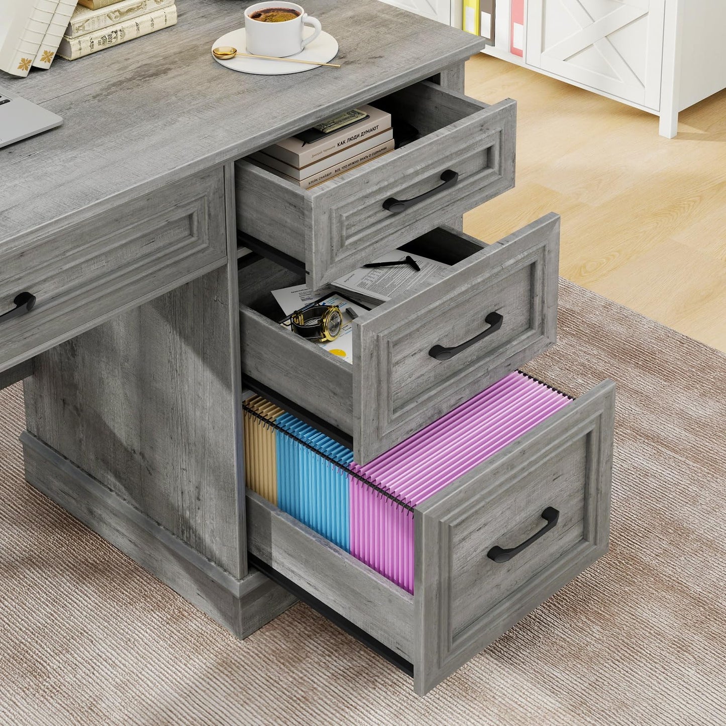 Vabches Farmhouse 47" Executive Desk with File Drawer, Computer Desk with 4 Drawers, Workstation for Study, Home Office, Writing,Grey