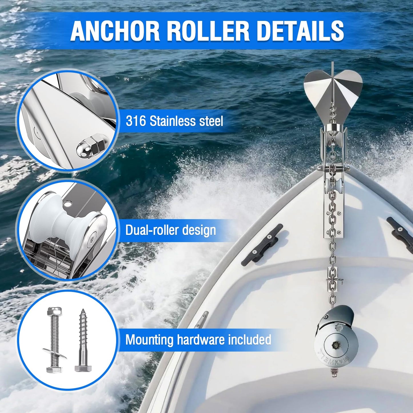 FUCNEN Bow Anchor Roller with Anchor Lock Marine Grade 316 Stainless Steel Hinged Self-Launching Double Bow Roller, 16.5'' for Marine Boat Yacht Kayak Anchoring System&Chain Lock Stopper Bracket