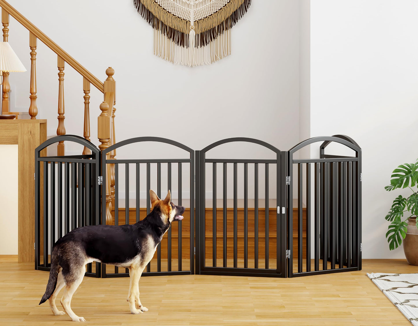 THKKY Folding No-Assembly Freestanding Dog Gate with Door,32" Heights Foldable Pet Fence,144" Extra Wide Accordion Puppy Folding Playpen for Doorways,House,Stairs (6 Panels,Black)