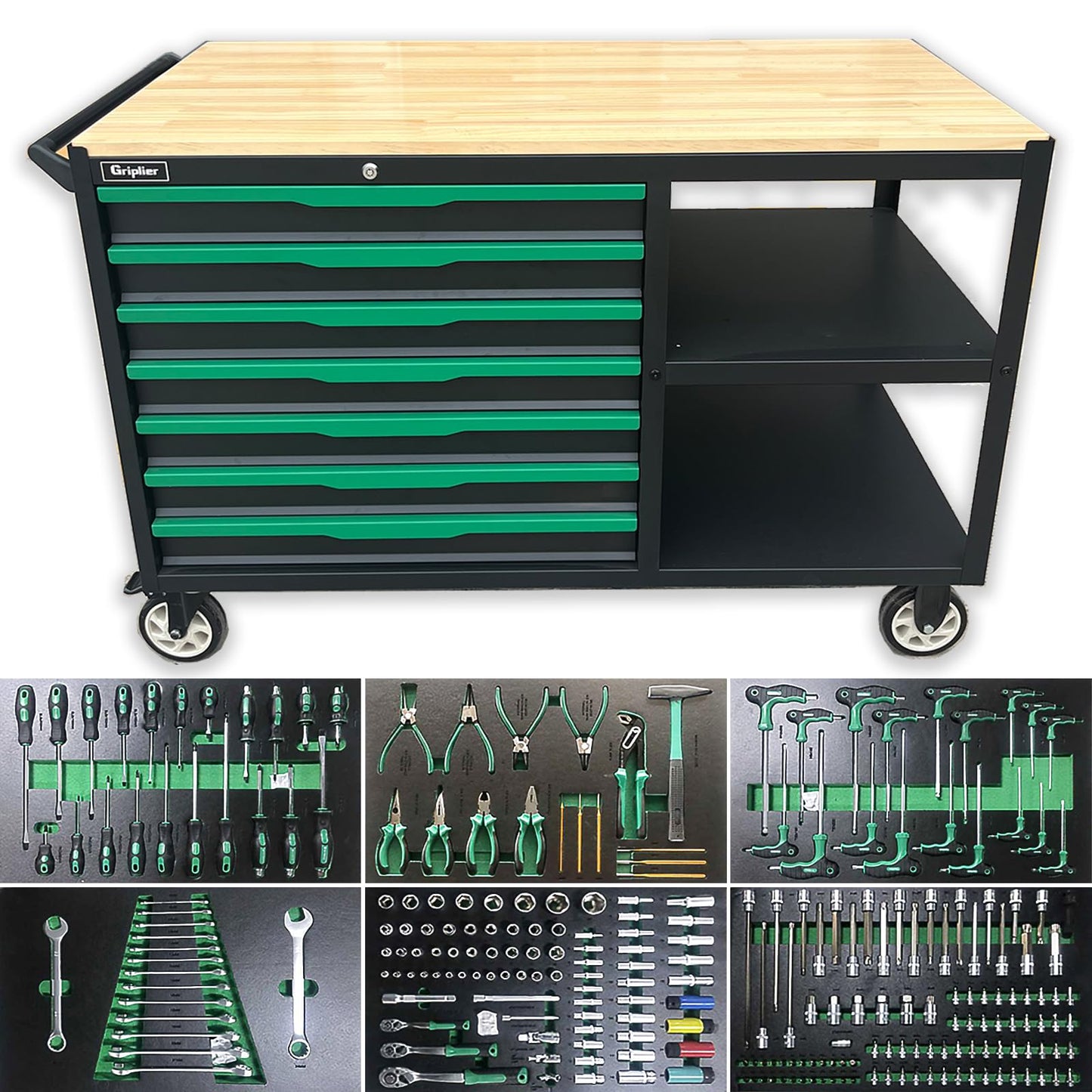Griplier 7-Drawers Professional Tool Cart Cabinet,Rolling Tool Chest with Double Shelves,Wood Workbench,51.1W x 18.9D x 32.3H inches for Garage, Workshop, or Outdoor Use(7 Drawers + 258 Pieces Tool)