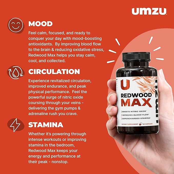 UMZU Redwood Max Nitric Oxide Booster, 1-Month Supply ??Advanced Nitric Oxide Supplement with Fitnox Blend, Pine Bark, Resveratrol & Tart Cherry ??Promotes Healthy Circulation, Energy and Recovery