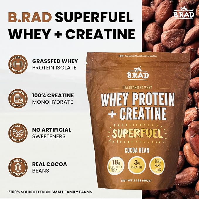 B.rad Superfuel - Grass Fed Whey Protein Isolate Boosted with Creatine | Farm-Fresh, Easy-to-Digest, Clean Ingredients | 2 Pounds | 100% USA Sourced | Cocoa Bean (Chocolate)