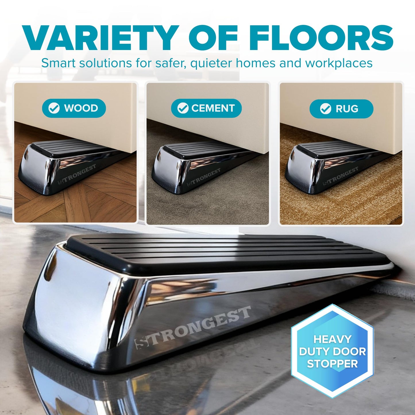Strongest Home Heavy Duty Door Stopper Wedge (2 Chrome PCs) | Non-Slip Rubber and Metal Door Stop for Heavy Doors | Work on Wood, Tile, Carpet + 2 White Wall Protectors