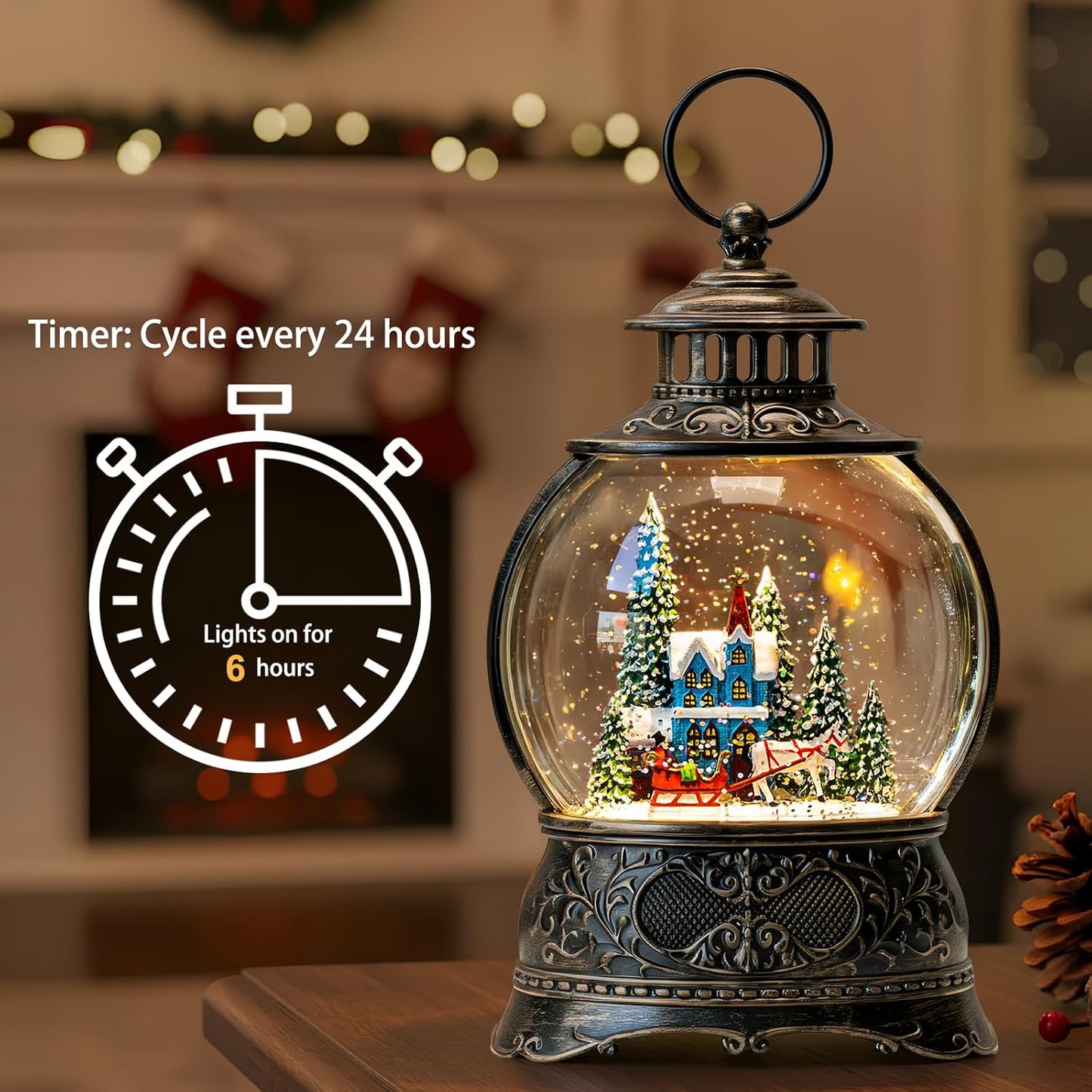 Regine Switzerland Christmas Snow Globe - Musical Water Lantern with Timer & USB/Battery Operation | Blue Church Design