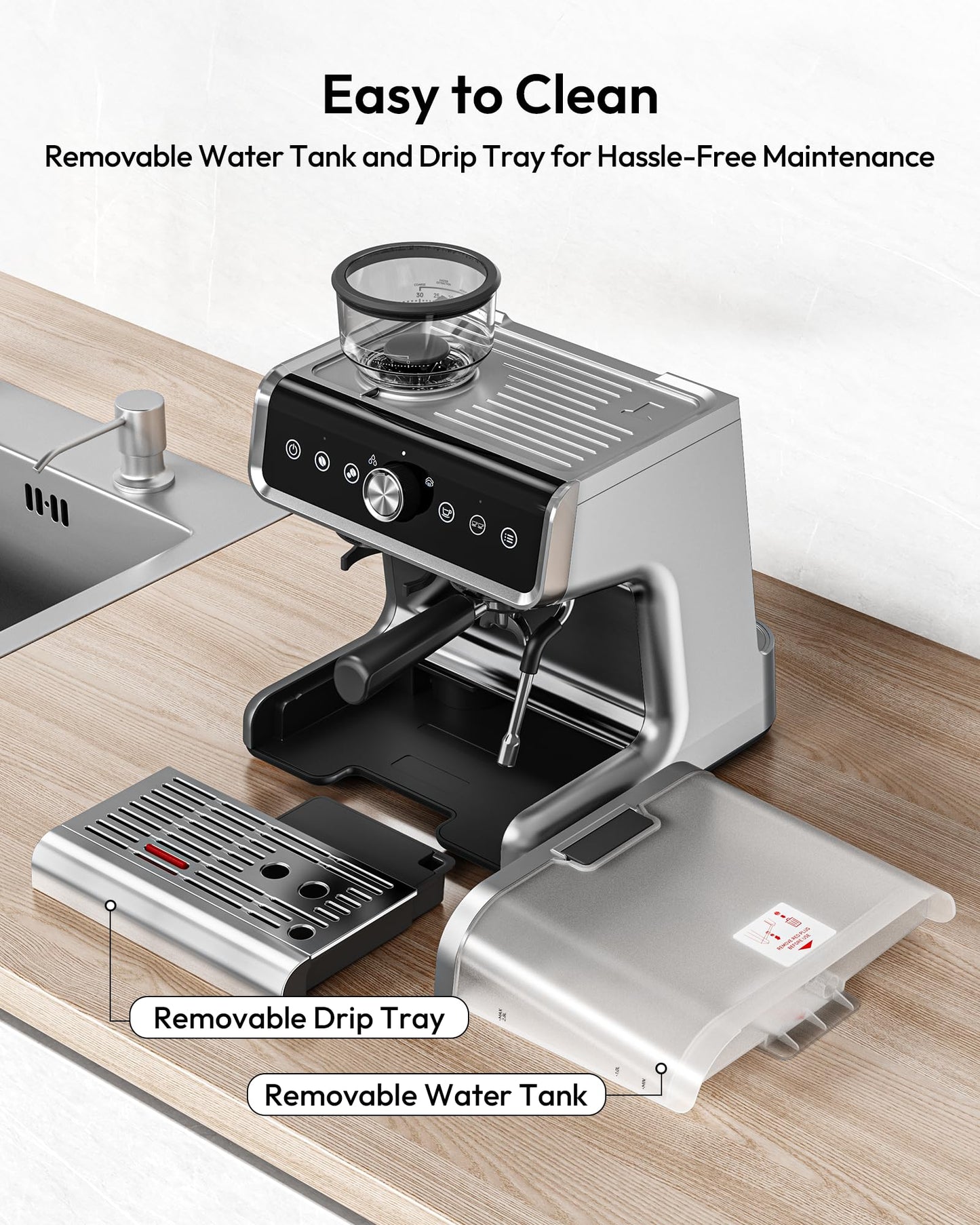 EUHOMY Espresso Machine with Grinder, 20 Bar Coffee Maker with Milk Frother Steam Wand, Professional Expresso Coffee Machines with Removable Water Tank, Latte & Cappuccino Machine for Home Barista