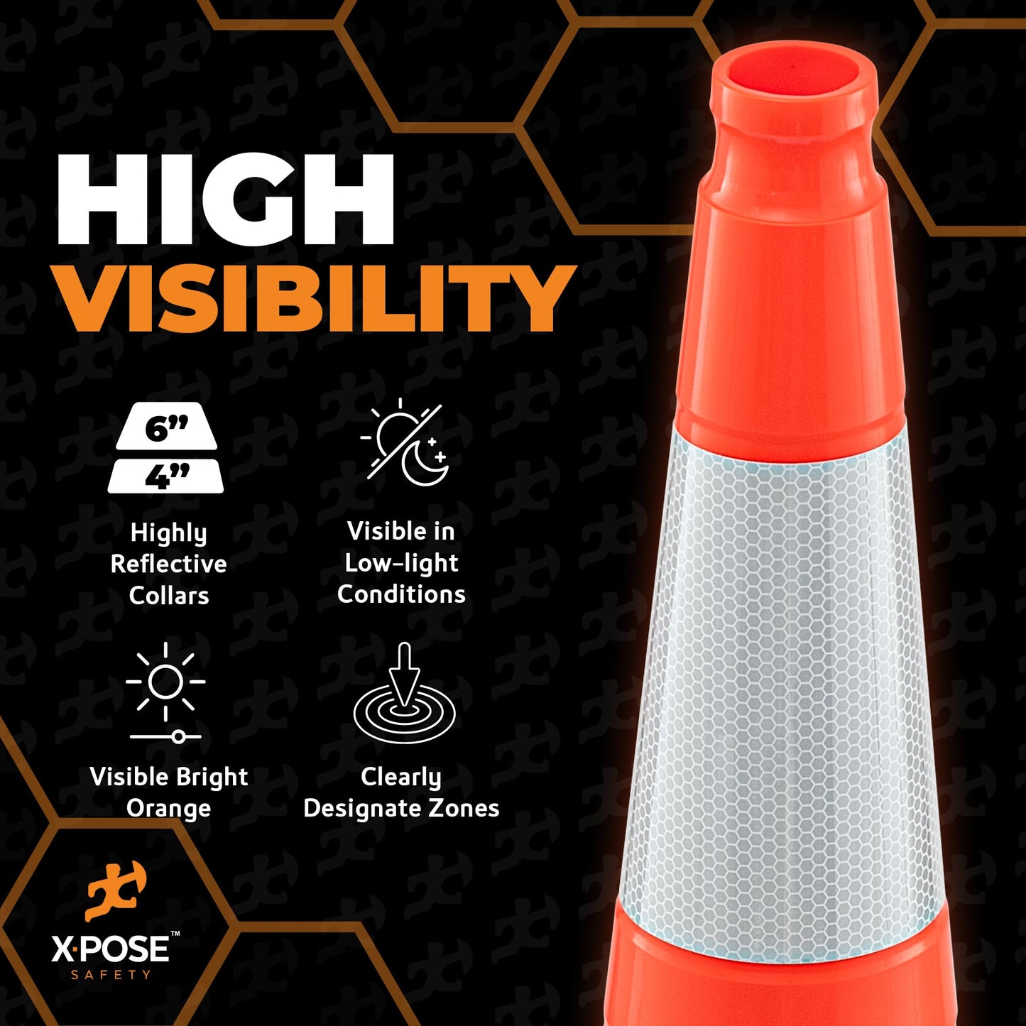 Xpose Safety 36 Inch Orange Slim Line Traffic Cones with 6" & 4" Collars, 4 Pack Multipurpose PVC Plastic Safety Cone for Parking, Soccer, Caution, Kids and Construction - DOT Approved