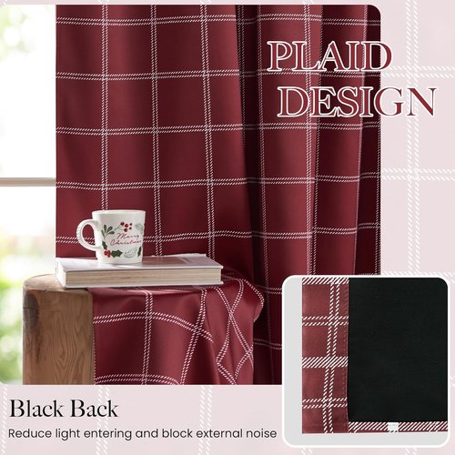 NICETOWN 100% Blackout Red Plaid Curtains - 84 Inch Long Thermal Insulated Drapes | 2 Panels for Living Room