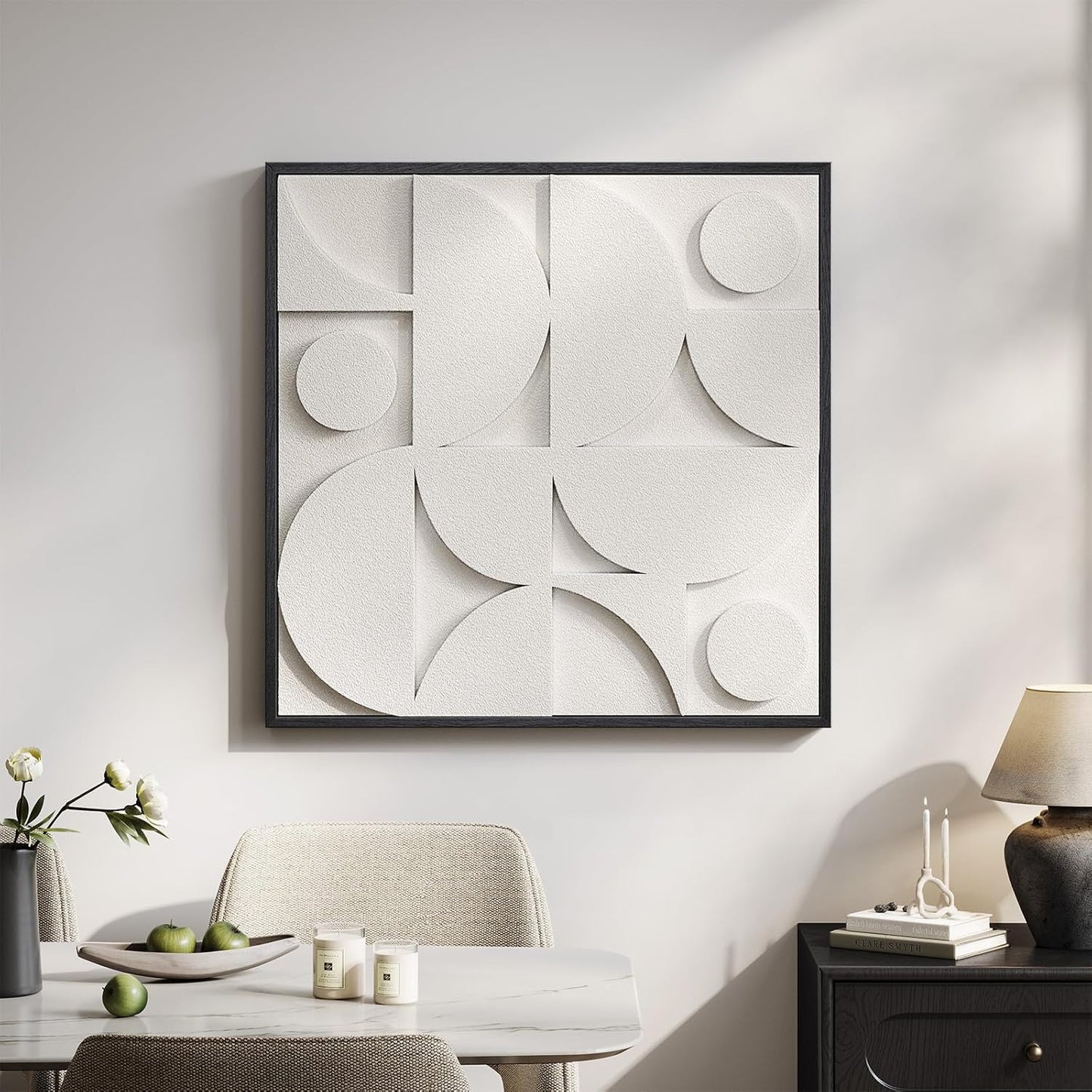 Regine Switzerland Large 3D Textured Framed White Abstract Wall Art - Modern Geometric Design 30x30 In