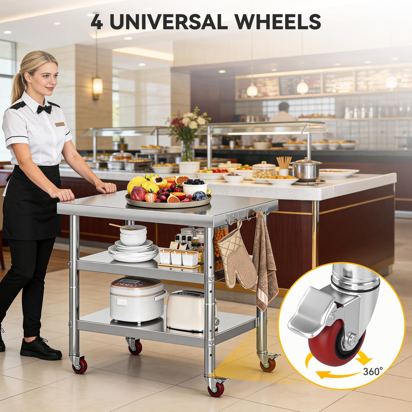DWVO 36x24in Stainless Steel Table, NSF Metal Prep Worktable with 2 Adjustable Shelves & Wheels for Kitchen Restaurant Hotel Garage Warehouse Home