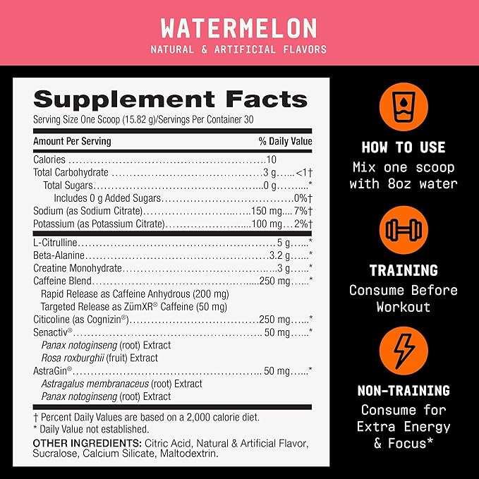 BEYOND RAW LIT V2 Clinical Strength Pre Workout Powder, Hits Harder, Bigger Pumps, Caffeine, L-Citrulline, Creatine, Watermelon, 30 Servings
