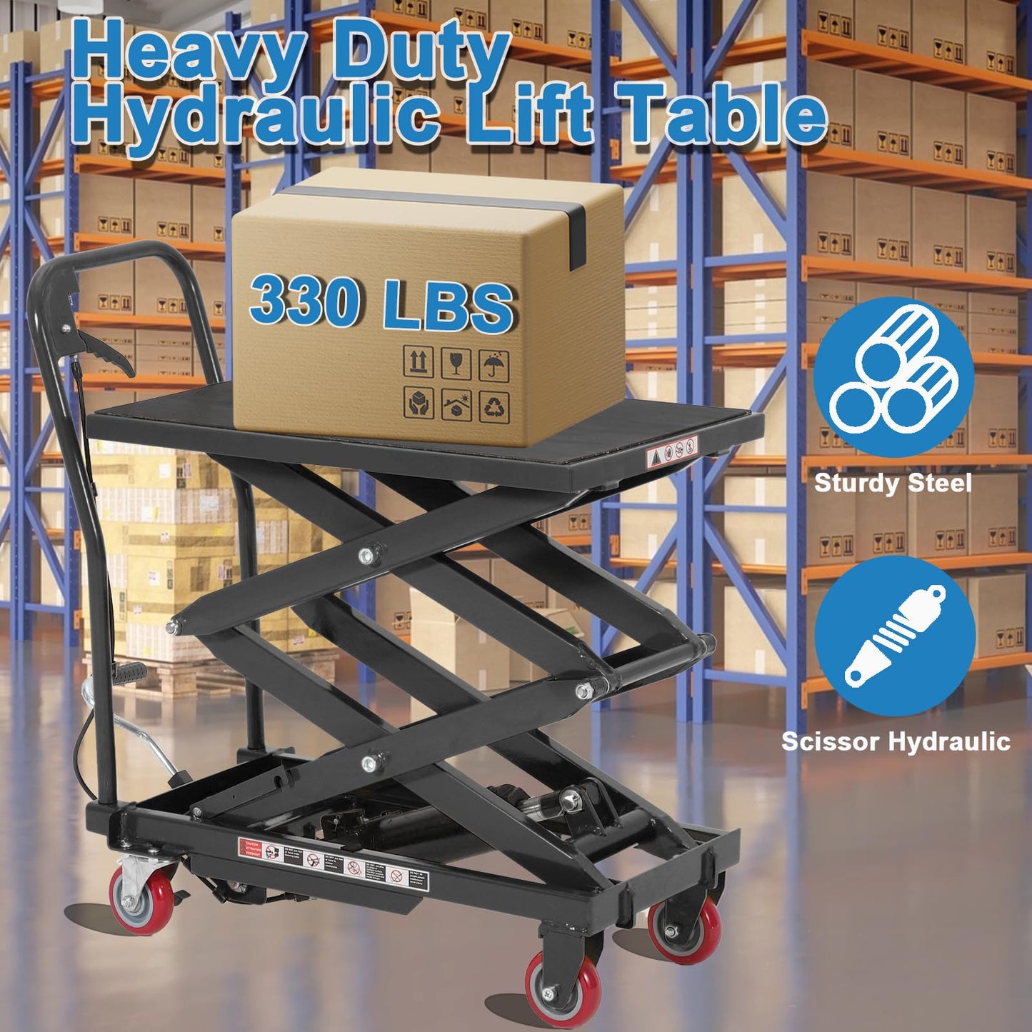 Garvee Heavy Duty Hydraulic Lift Table Cart 330LB Capacity, Double Scissor Lift Table with 50" Lifting Height, Non-Slip Platform & Locking Wheels for Garage, Warehouse, Workshop, Black