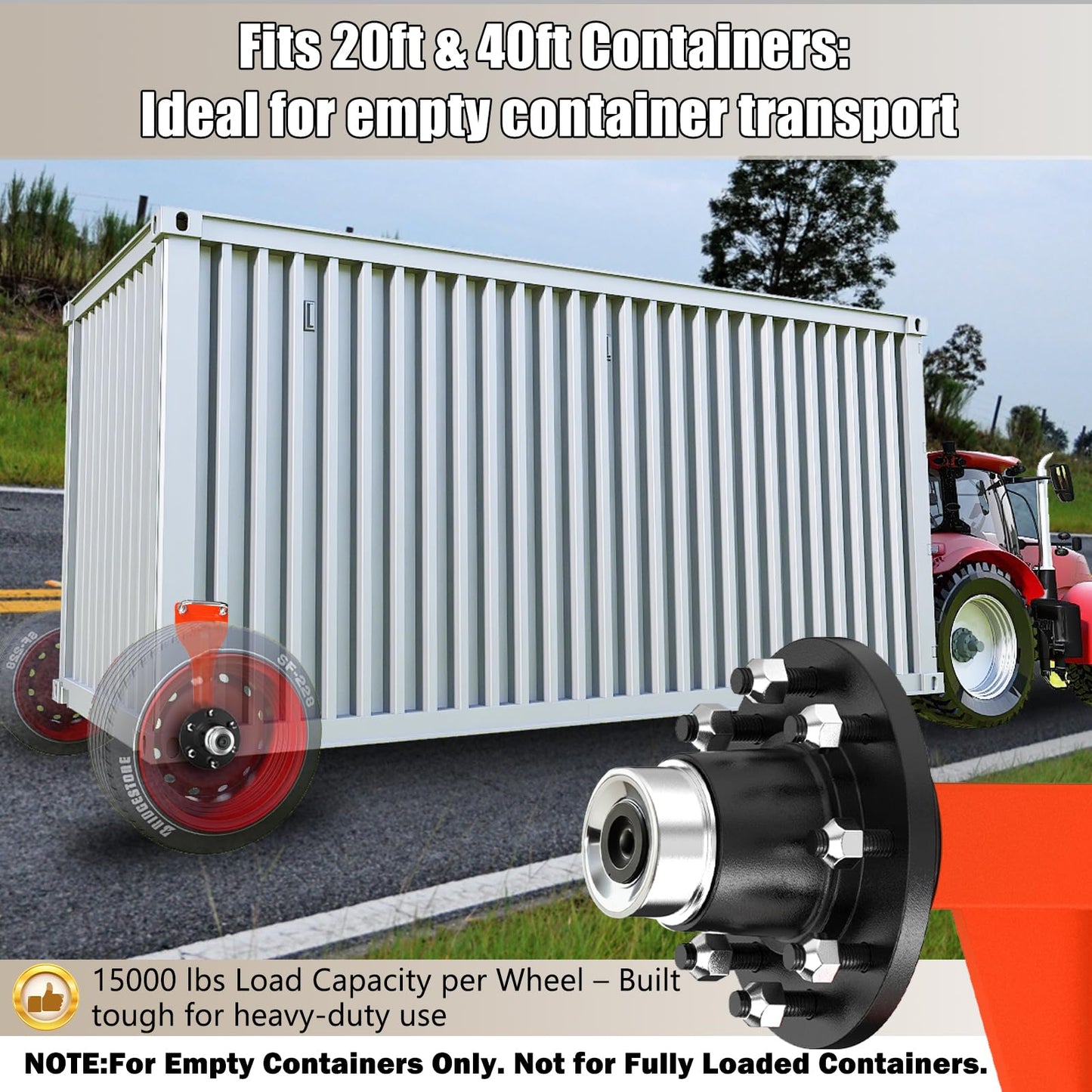 Upgrade 2-Pack Shipping Container Wheels Kit with 6/8 Lug Bolt-On Spindle,Heavy-Duty Shipping Container Axles for Up to 40ft Containers, 15000LB Capacity, Shipping Container Accessories (8-Lug)