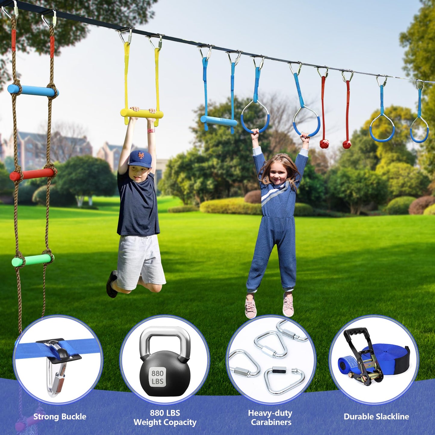 Ninja Warrior Obstacle Course for Kids,2×56ft Slackline Kit with 10 Ninja Accessories - Monkey Bar,Rope Ladder,Gymnastic Ring,Arm Trainer and Monkey Fist+Fast-Setup Buckles,Supports 880 lbs
