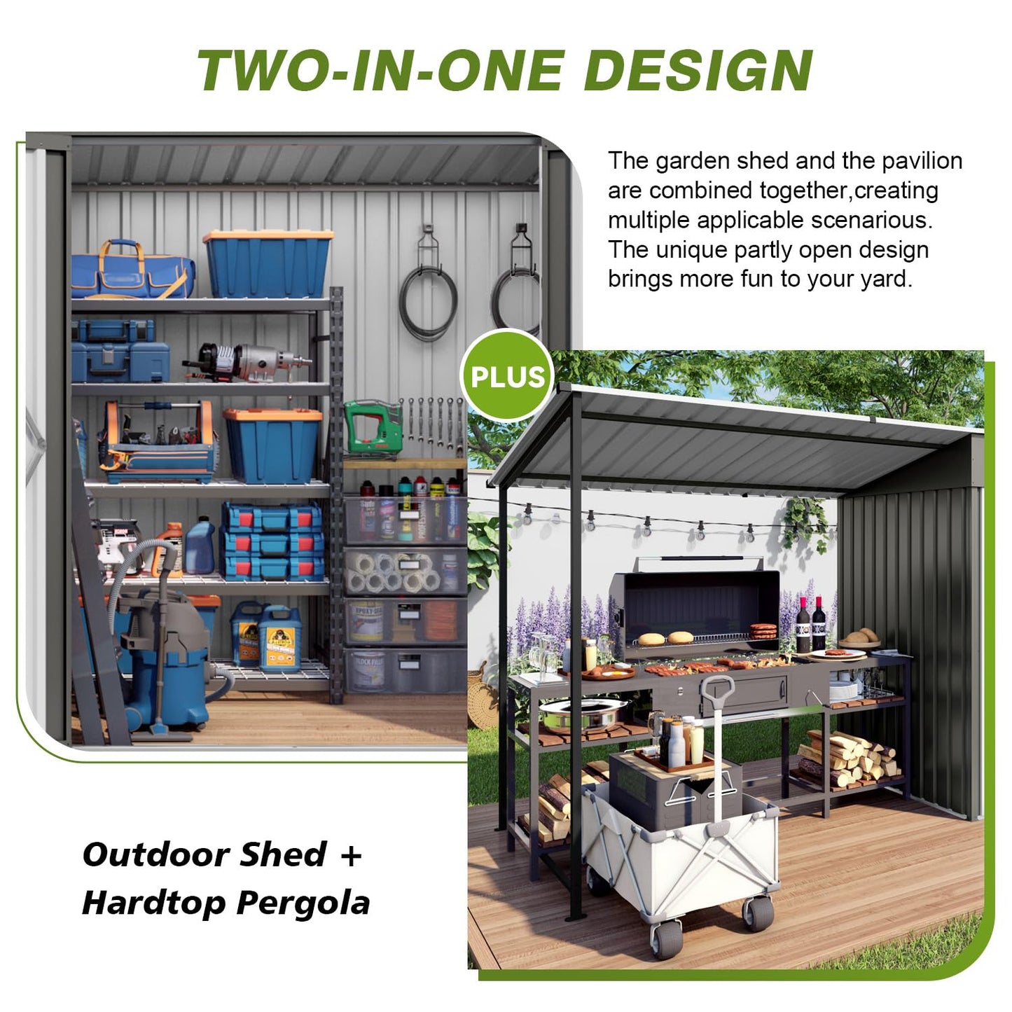 6x4 FT Outdoor Storage Shed & Gazebo Combo, Lean to Metal Tool Shed with Open Pergola for Backyard, Patio, Lawn (Gray)