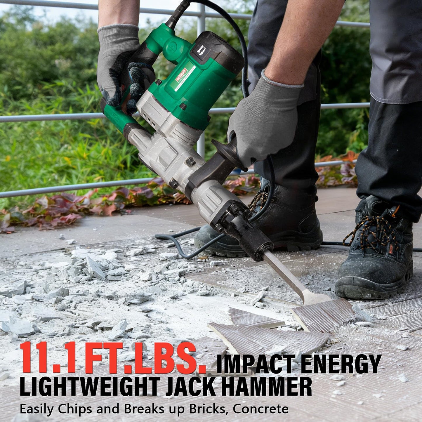Deshuo 13 lb. Demolition Jack Hammer with 5/8" Hex Shank, 1200W 11-Amp Mini Corded Electric Concrete Demo Chipping Breaker Tile/Floor Removal with Carrying Case, Flat & Bull Point Chisel