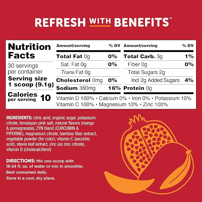 ZYN Electrolyte Hydration Drink Mix (30 Servings), Mango Pomegranate Electrolytes Powder, Hydrating Formula w/Turmeric Curcumin, Vitamin C & D, Zinc, Electrolyte Support Drink Mix