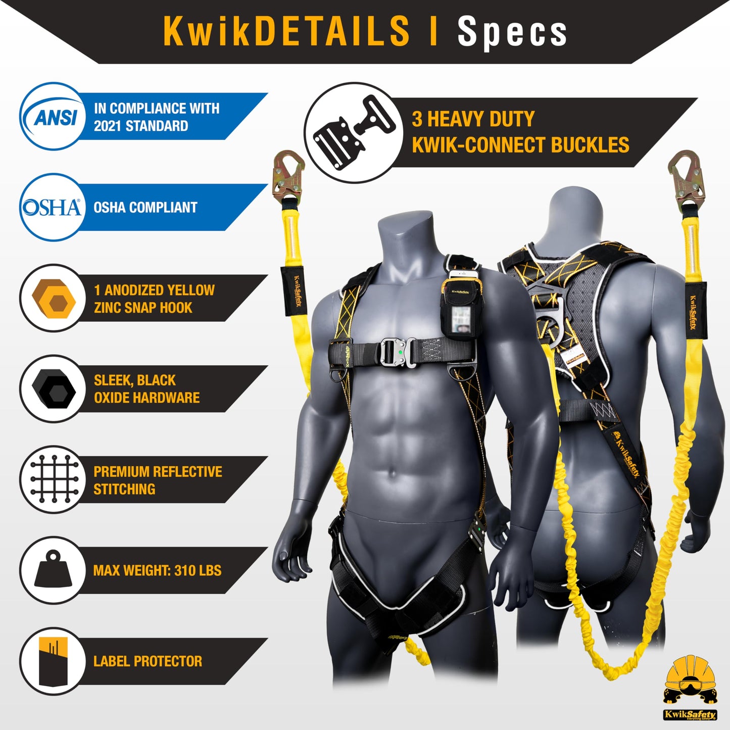 KwikSafety SCORPION DiamondBACK Safety Harness | Full Body Fall Protection Harness w/ 6ft Lanyard | Construction Roofing Gear | OSHA ANSI Compliant PPE