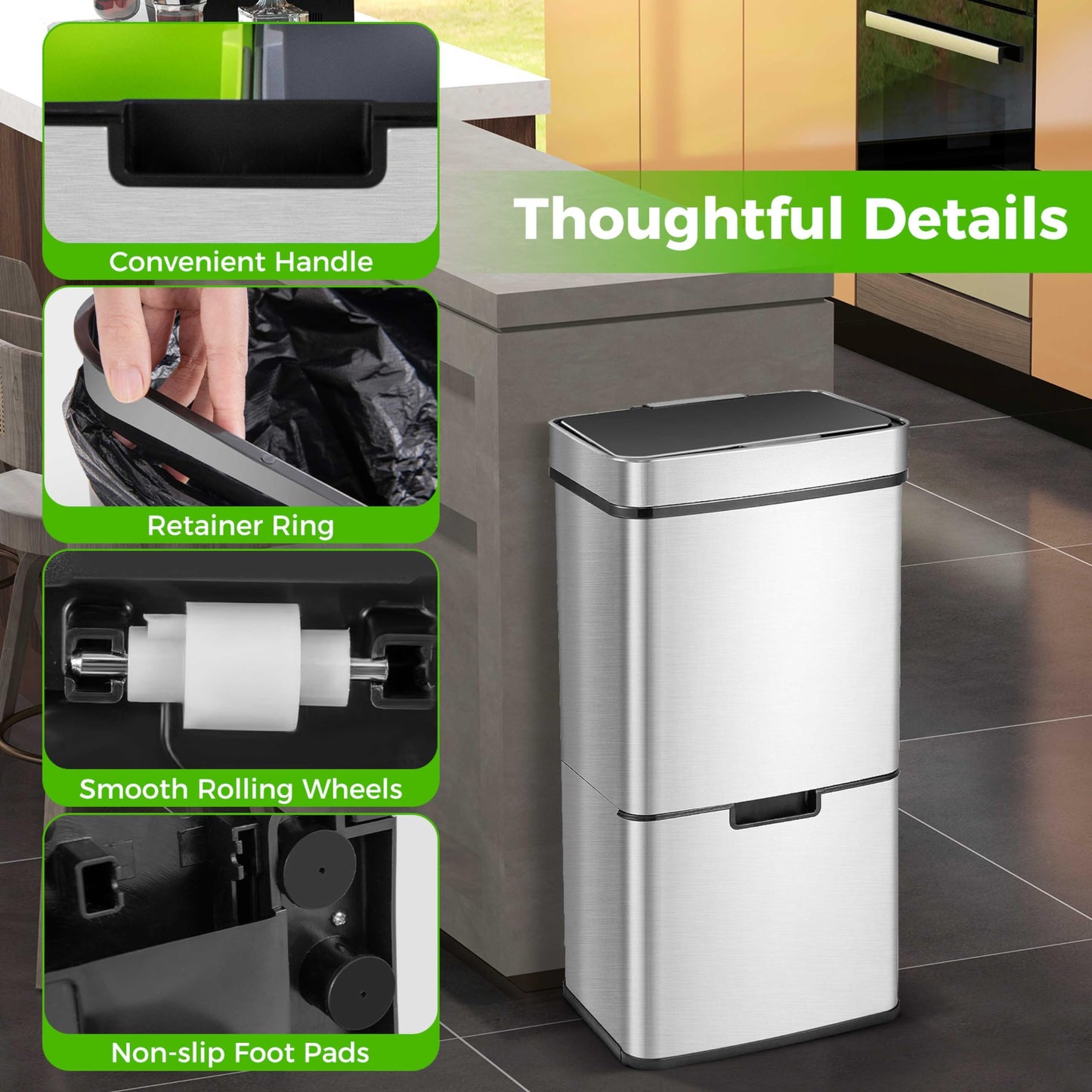 DORTALA 19 Gal Kitchen Trash Can, Infrared Motion Sensor Garbage Can with 2 Recycling Dustbin, Removable Inner Buckets, Stainless Steel Frame, Trash Bin with Soft-Closing Lid, Battery Operated